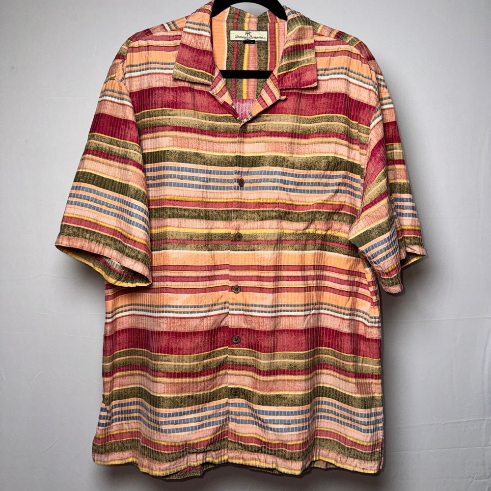 Tommy Bahama Mens Silk Cotton Striped Short Sleeve Camp Shirt Red Orange L